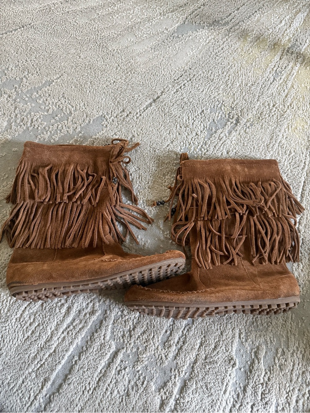 Minnetonka brown suede leather Boots Double Fringe Pull On Mid Calf Boot 11